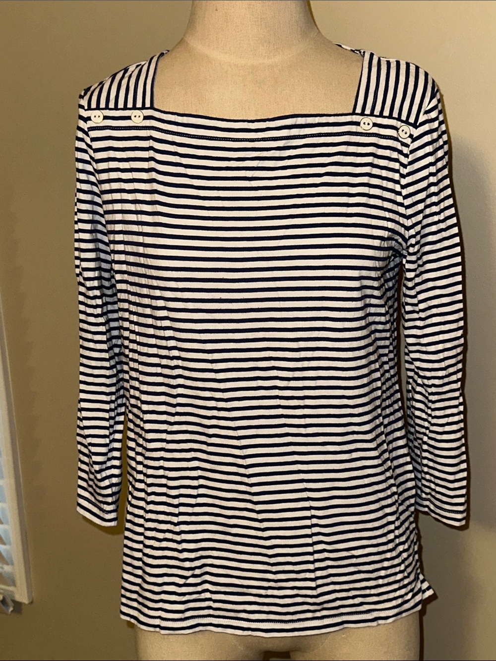 Talbots Navy & White Striped Boatneck Long Sleeve Top with Shoulder Buttons